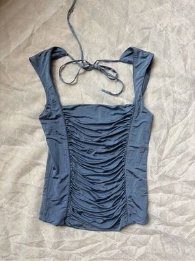 bebe Slate Blue Ruched Halter Square-Neck Camisole